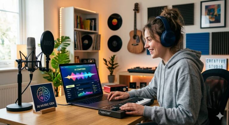 Una persona sonriente con auriculares frente a una laptop que muestra un programa de inteligencia artificial para crear música en un estudio casero.