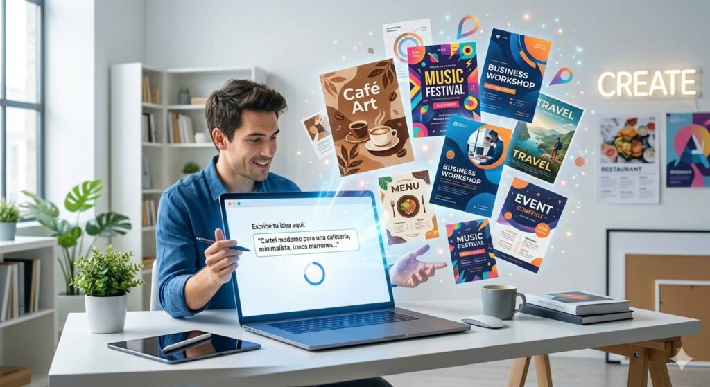 Un hombre sonriente trabajando en su portátil mientras se despliegan de forma mágica diferentes diseños de carteles coloridos creados con inteligencia artificial.