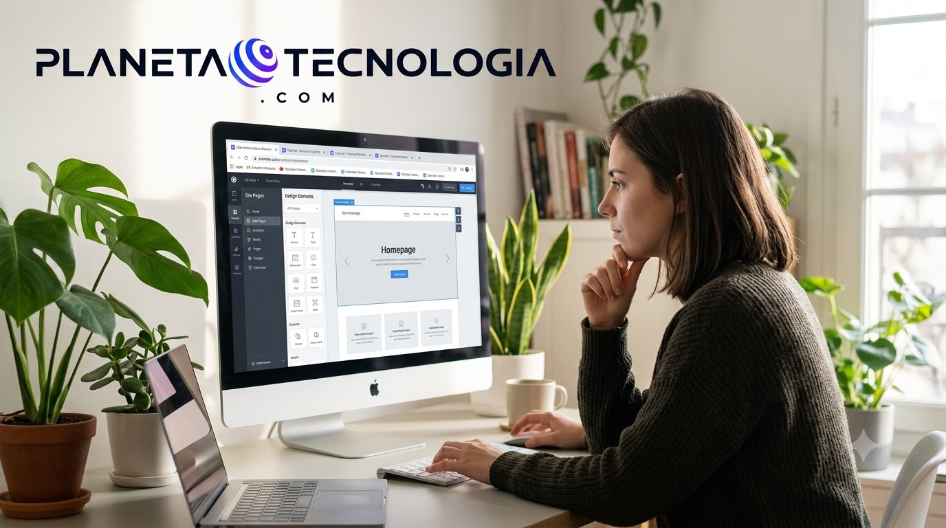 Mujer diseñando la página de inicio de un sitio web en una computadora iMac, ideal para un tutorial de cómo crear una página web gratis.