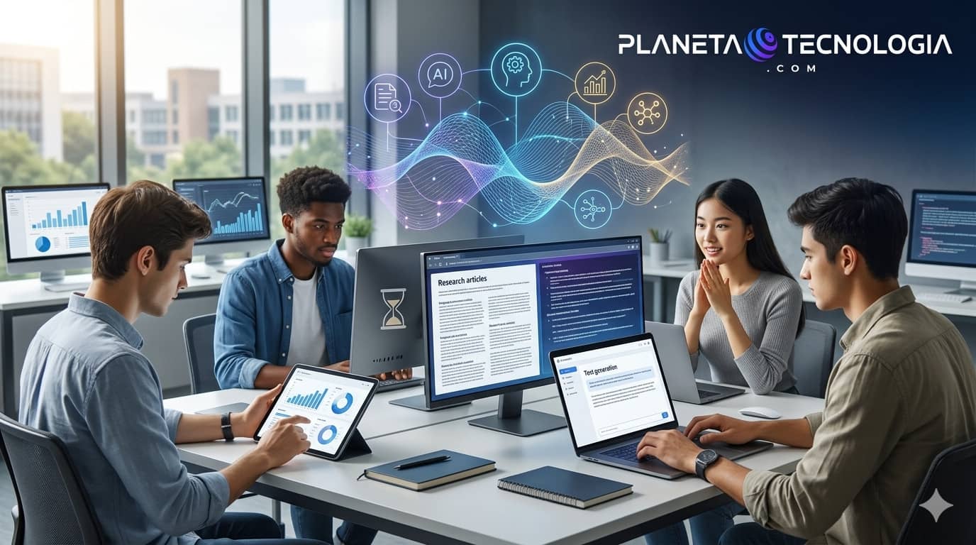 studiantes e investigadores usando herramientas de inteligencia artificial gratis en computadoras y tabletas para ahorrar tiempo, con el logo de Planeta Tecnología.