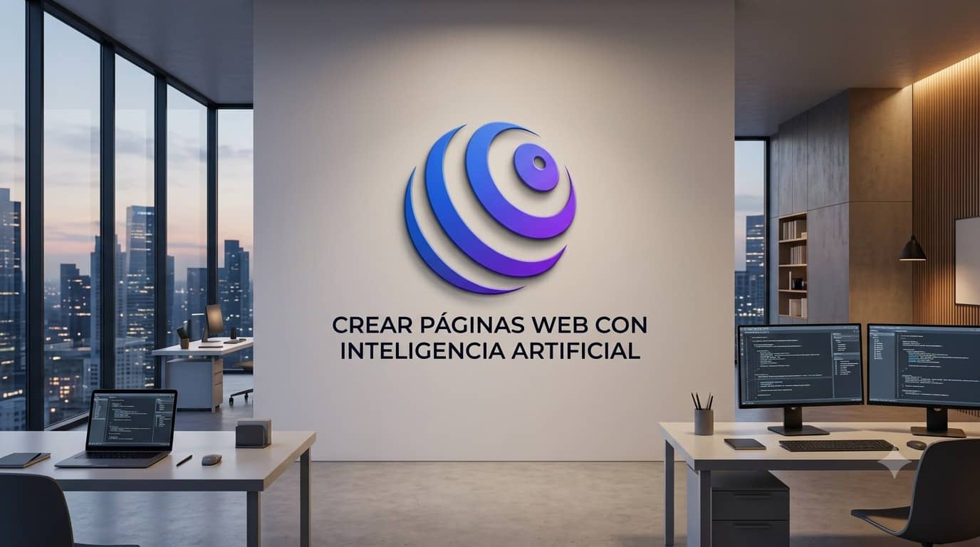 Oficina moderna con pantallas de código y logo de Planeta Tecnología en la pared con el texto Crear páginas web con inteligencia artificial.