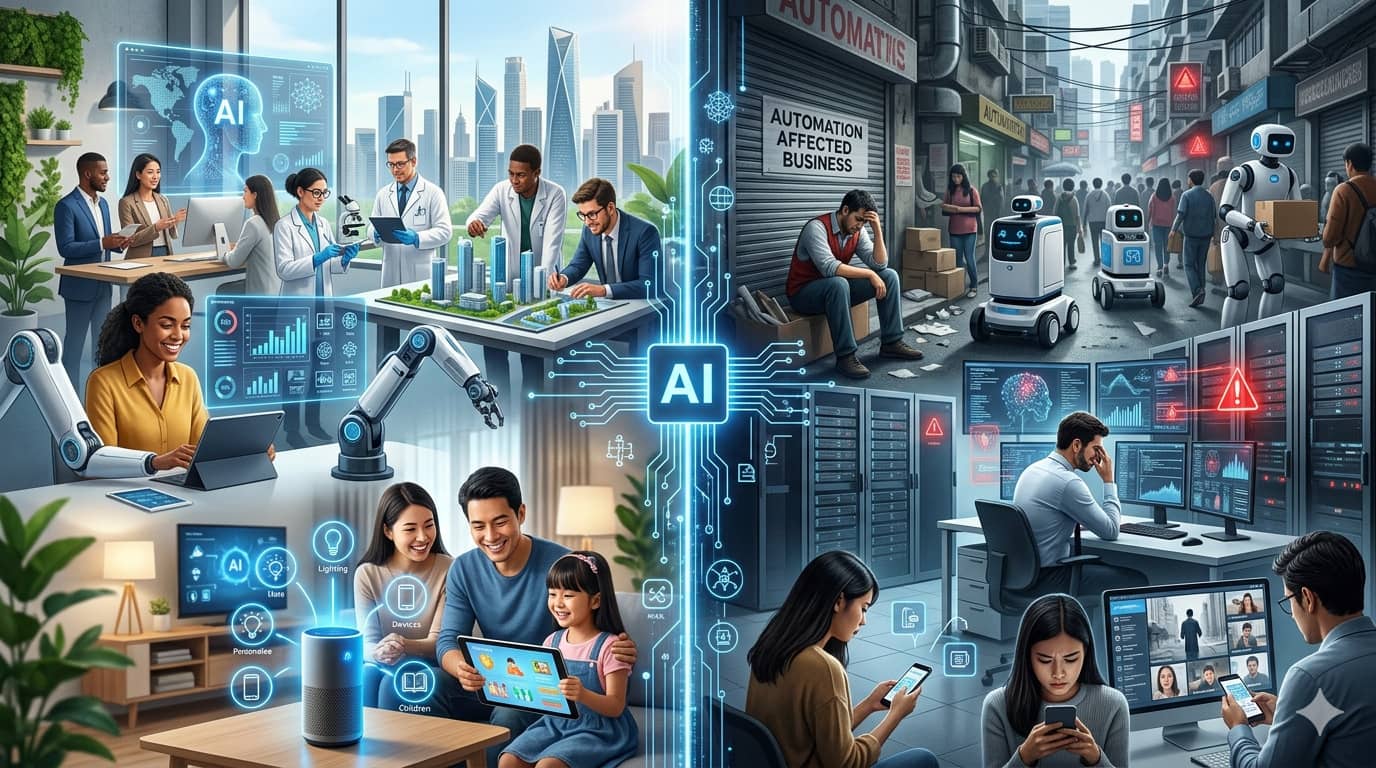 Ilustración dividida que muestra las ventajas y desventajas de la inteligencia artificial en el trabajo y la vida cotidiana, con automatización eficiente frente a desplazamiento laboral.